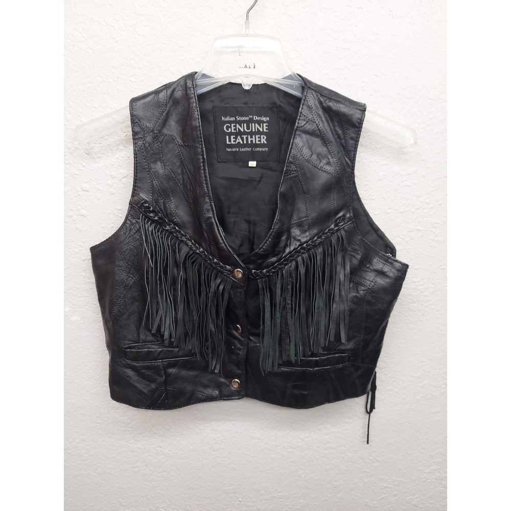 Navarre Italian Stone Leather Vest Men Medium Black Patchwork Fringe Western